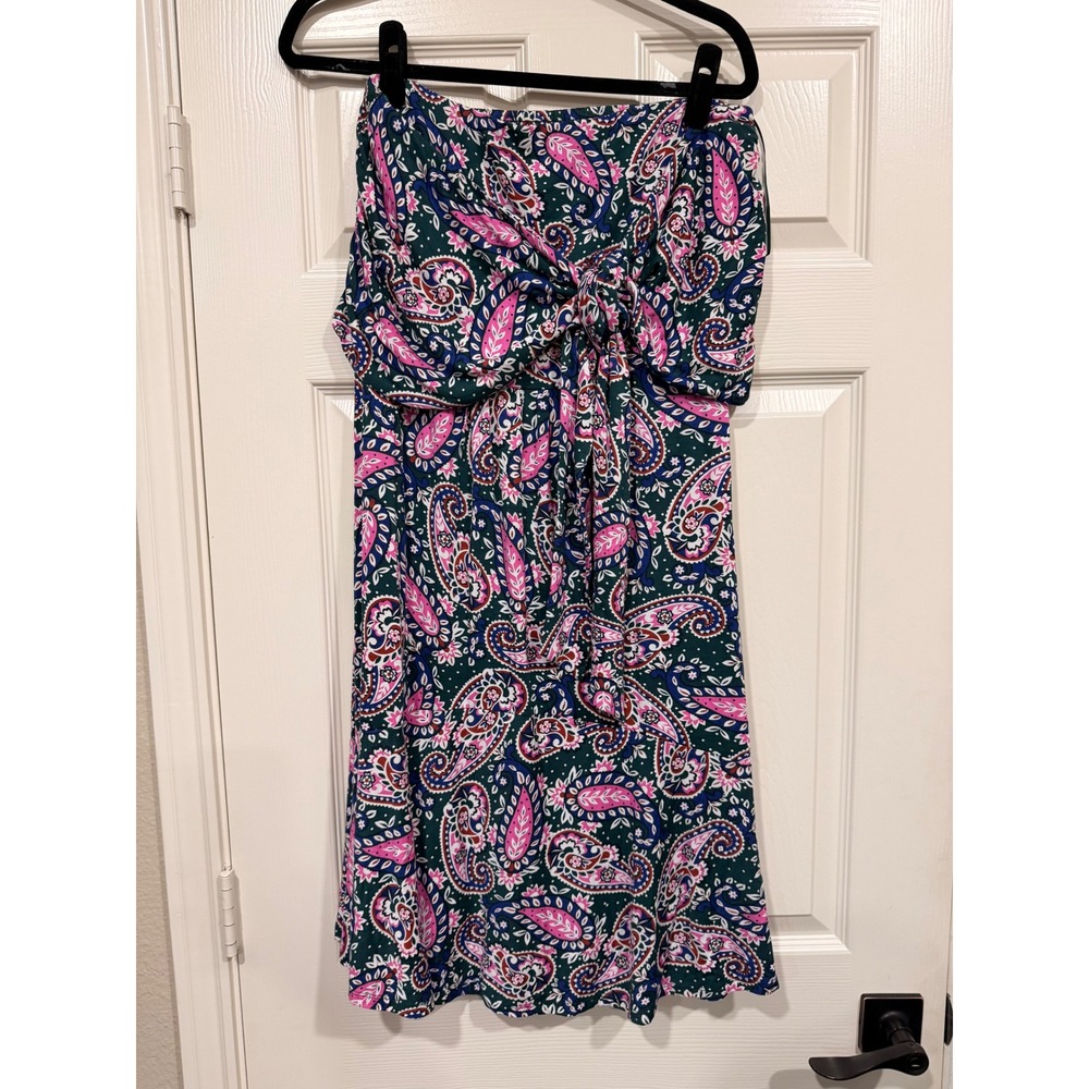 BODEN Strapless Dress 10 Green Pink Paisley Tie Front Smocked Summer J0435